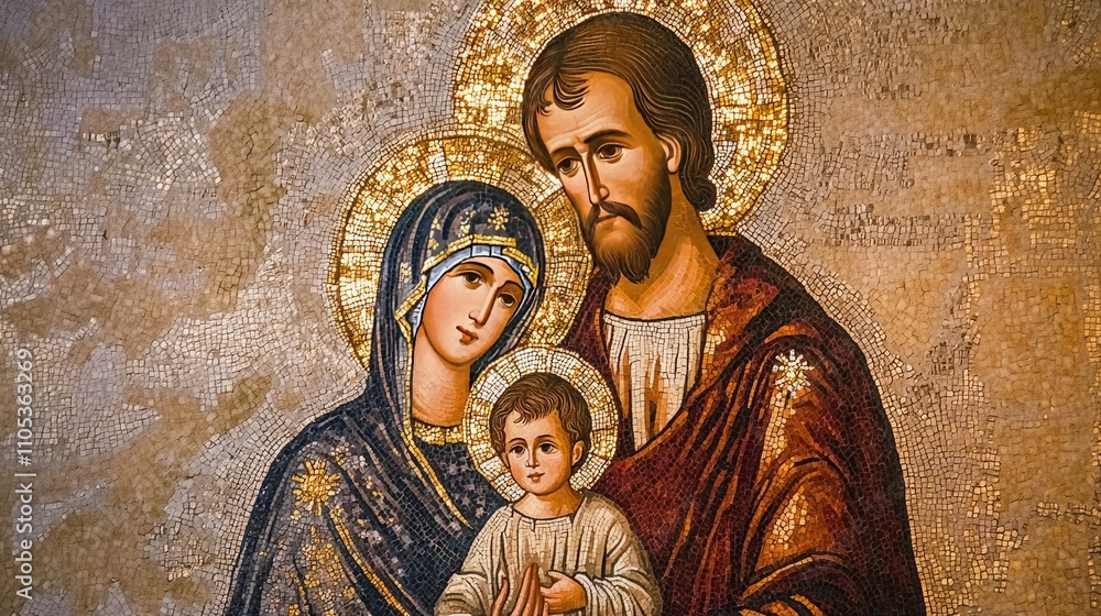 Ancient-style mosaic of the Holy Family, illuminated by natural light, emphasizing devotion and artistry. Ancient-style mosaic of the Holy Family, illuminated by natural light, emphasizing devotion and artistry.