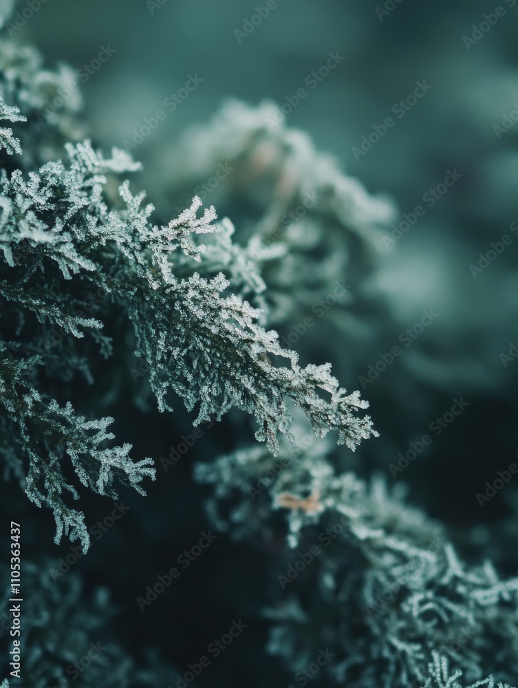 Frost-covered evergreen branch in cold tones
Frost-covered evergreen branch in cold tones
