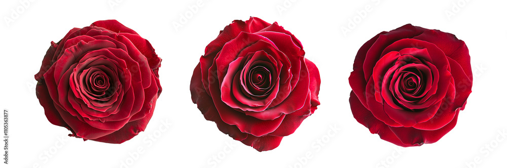 Collection set of 3 red roses, top view from above isolated on transparent backgrounds, flowers symbols of love, Valentine's day or wedding png