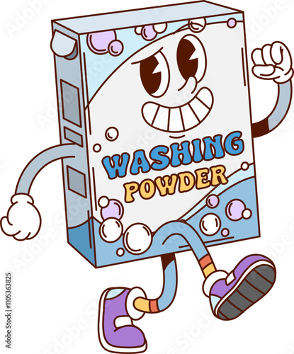 Groovy washing powder, cartoon box of laundry detergent, cleaning and household character happily walking with cheerful smile. Isolated vector fun personage wearing sneakers, ready for cleanup chores