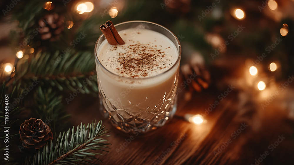 A warm glass of eggnog with a sprinkle of nutmeg on top, set on a wooden table decorated with pine branches and soft holiday lights in the background. A warm glass of eggnog with a sprinkle of nutmeg on top, set on a wooden table decorated with pine branches and soft holiday lights in the background.