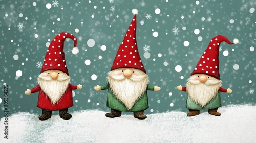 Three gnomes are standing on a snowy hill, with one of them wearing a red hat