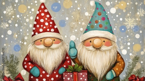 Two gnomes are holding a red present and smiling