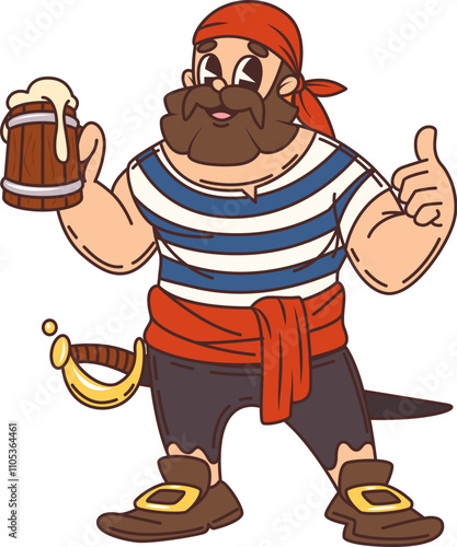 Cartoon pirate, privateer sailor funny character. Corsair boatswain cheerful personage, comical isolated vector mascot, Caribbean pirate sailor crew skipper or filibuster bandit drinking beer or ale