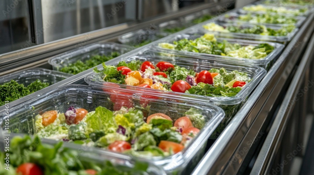 Rows of Prepared Salads in Plastic Containers Rows of Prepared Salads in Plastic Containers
