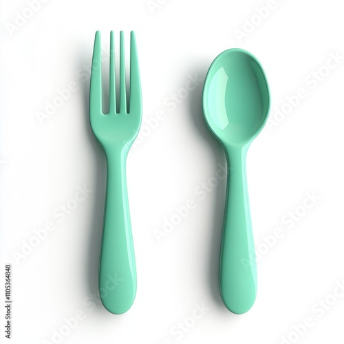 Mint Green Plastic Fork and Spoon Set for Children photo