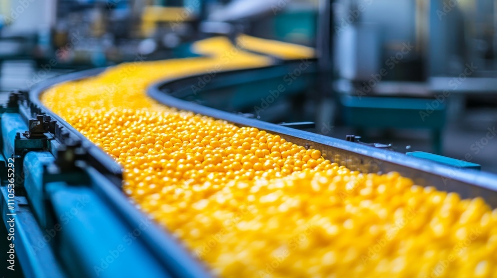 Yellow Capsules Moving Along a Conveyor Belt in a Factory Yellow Capsules Moving Along a Conveyor Belt in a Factory
