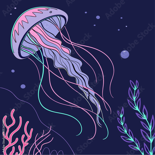 A stunning bioluminescent jellyfish pattern set against a dark, deep-sea background, showcasing vibrant electric hues of purple, blue, and pink