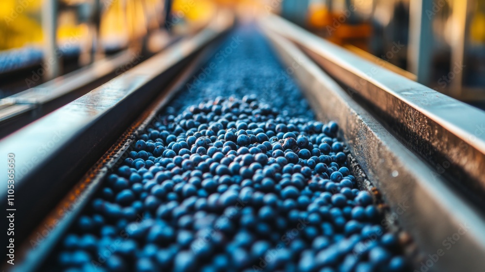 Close-up of Blueberries Moving on a Conveyor Belt Close-up of Blueberries Moving on a Conveyor Belt