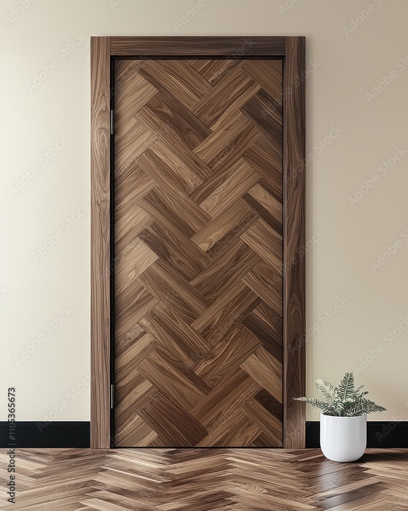 Fototapeta premium A modern textured walnut door with clean minimalist design and subtle decor.