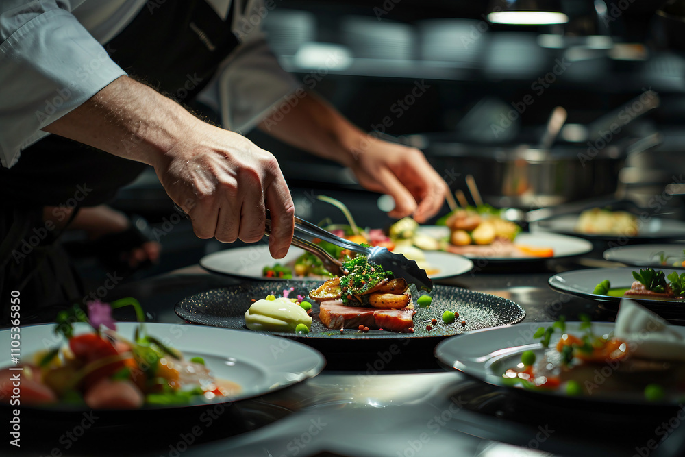 Generative AI Image of Professional Chef Preparing a Gourmet Dish in Restaurant Kitchen Generative AI Image of Professional Chef Preparing a Gourmet Dish in Restaurant Kitchen