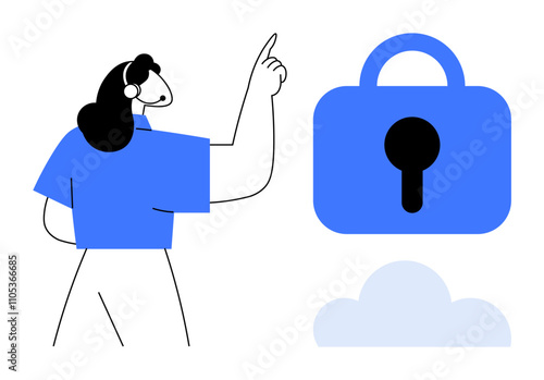Individual pointing towards a large padlock symbol next to a cloud icon. Suitable for themes related to cybersecurity, data privacy, cloud security, technology, and information protection. Uses flat