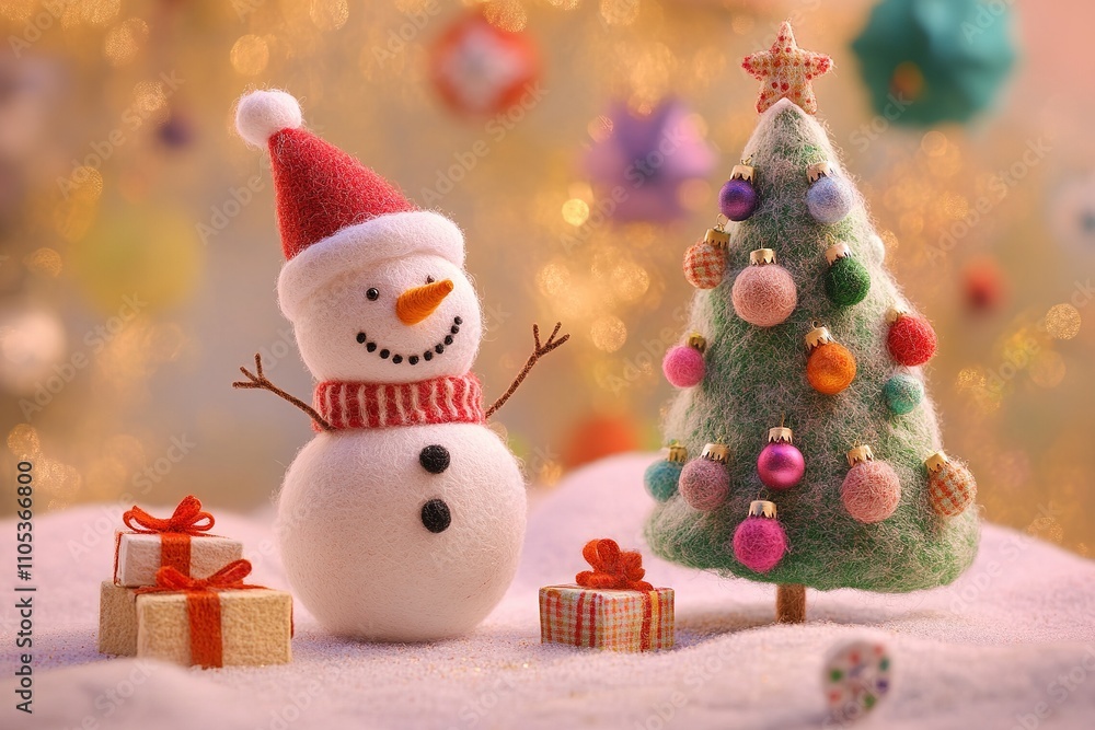 Christmas scene a wool snowman standing next to a felt Christmas tree, felt art style with bright holiday colors, christmas card for greeting Christmas scene a wool snowman standing next to a felt Christmas tree, felt art style with bright holiday colors, christmas card for greeting