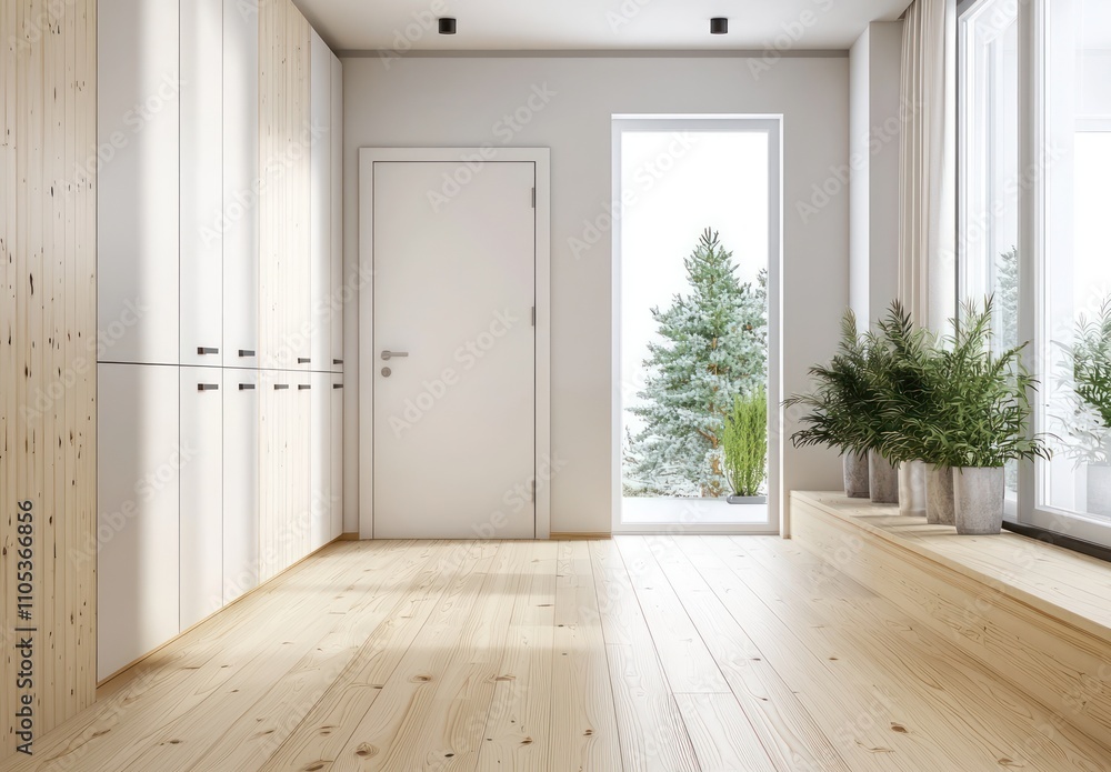 A sleek hallway with matte cabinets, pine wood floors, and minimalist entrance door. A sleek hallway with matte cabinets, pine wood floors, and minimalist entrance door.