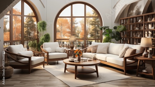 Elegant living room with a couch and barrel chair beside a round wooden coffee table. Classic, clean design with a modern touch.