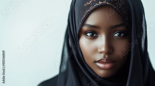 A woman wearing a black scarf with gold accents