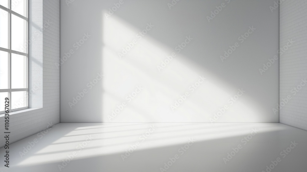 Empty white room mockup. Sunlight casts shadows on floor, walls. Interior design render. Versatile blank space for products renders. Suitable for home furniture, architectural projects, product Empty white room mockup. Sunlight casts shadows on floor, walls. Interior design render. Versatile blank space for products renders. Suitable for home furniture, architectural projects, product