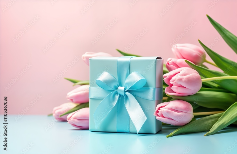 Light blue gift box with pink tulips on pastel background. Beautiful gift with ribbon, flowers. Ideal for special occasions like birthday anniversary. Spring holiday celebration. Gift box, bouquet of Light blue gift box with pink tulips on pastel background. Beautiful gift with ribbon, flowers. Ideal for special occasions like birthday anniversary. Spring holiday celebration. Gift box, bouquet of