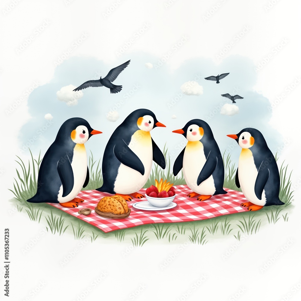 Obraz premium Cute penguins enjoy summer picnic outdoors. Family of penguins gather on red, white checkered blanket. Share food like fruit, cookies. Scene whimsical, shows celebration joyful gathering. Happy