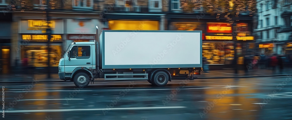 blank white mockup on a small truck driving through an urban street showcasing a template for advertisement emphasizing commercial transport and delivery with a clean and professional look blank white mockup on a small truck driving through an urban street showcasing a template for advertisement emphasizing commercial transport and delivery with a clean and professional look