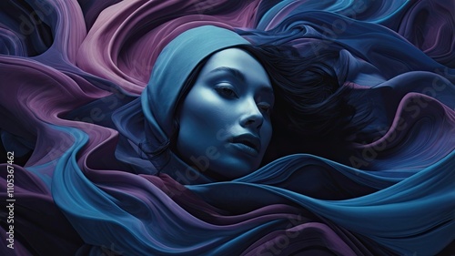 Portrait of a woman immersed in swirling blue and purple patterns, conveying a sense of dreaminess and mystery. photo