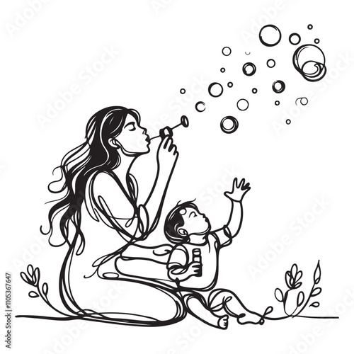 One continuous single drawing black line art doodle of mother blowing bubbles for her child, illustration on white background