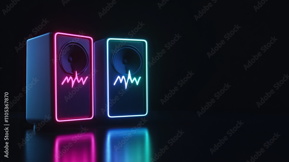 Two sound speakers illuminated by neon light on a black background with a glowing sound wave visual connecting them Two sound speakers illuminated by neon light on a black background with a glowing sound wave visual connecting them