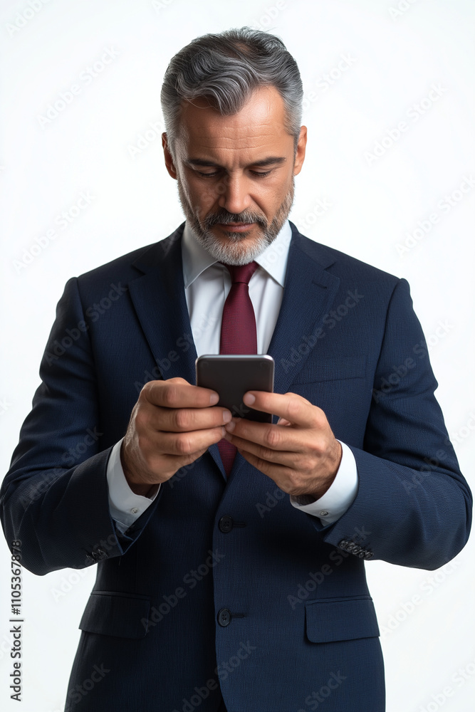 Professional photograph of middle-aged businessman typing on smartphone with both thumbs, business suit, front view, pure white background. Professional photograph of middle-aged businessman typing on smartphone with both thumbs, business suit, front view, pure white background.