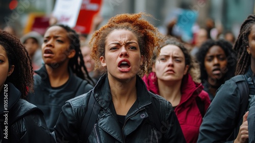 Determined young Black woman passionately leading a protest march.