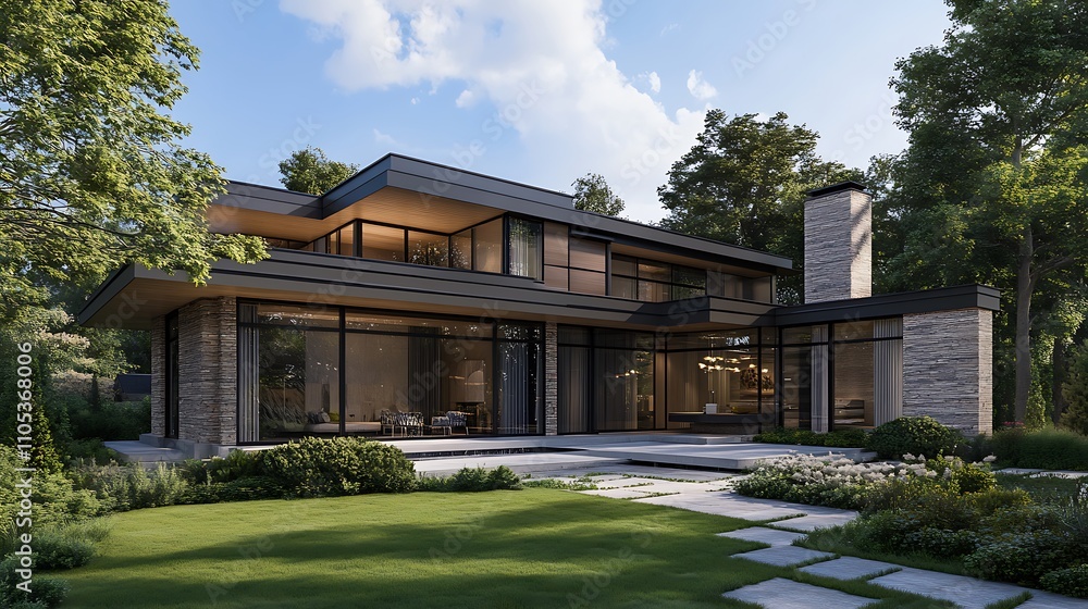 Fototapeta premium Modern House with Stone Facade and Expansive Windows