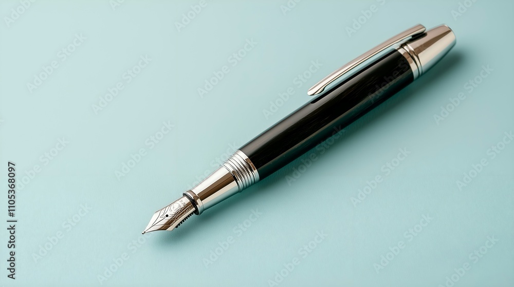 Black and Silver Fountain Pen on Light Blue Background Black and Silver Fountain Pen on Light Blue Background