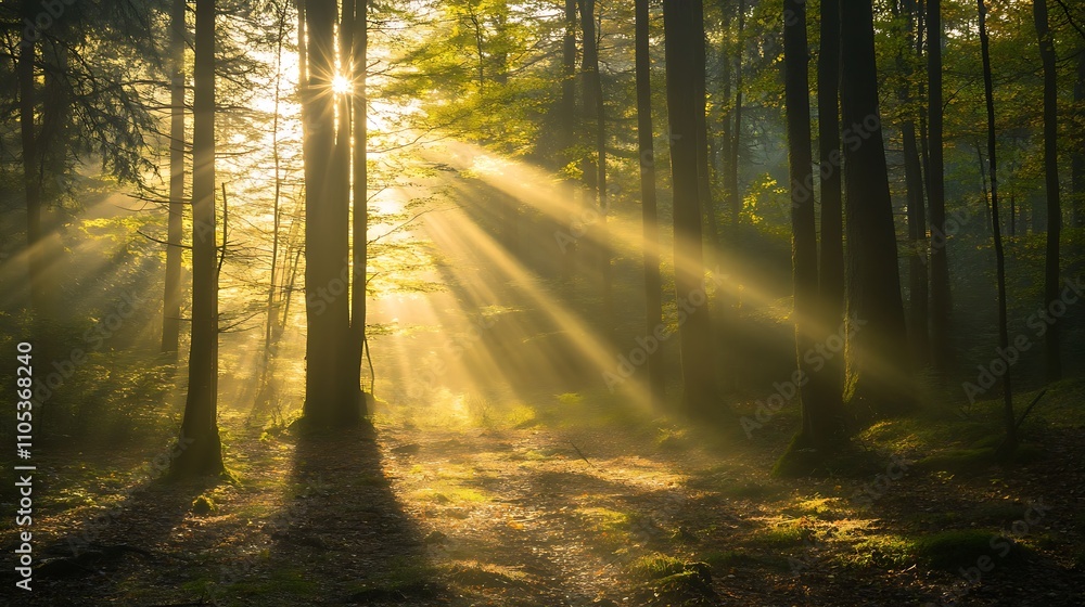Obraz premium Golden Rays of Sunlight Illuminating a Forest Path