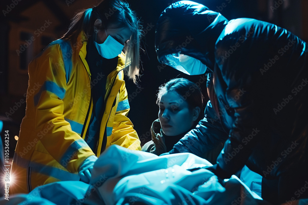 Intense Investigative Team Examining Crime Scene with Neon Lighting city crime mudrer accident, Generative AI Intense Investigative Team Examining Crime Scene with Neon Lighting city crime mudrer accident, Generative AI