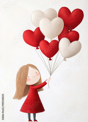 cheerful girl in red dress holds heart shaped balloons, expressing joy and love. balloons are red and white, creating festive atmosphere