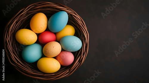 Nine Pastel-Colored Eggs in Wicker Basket