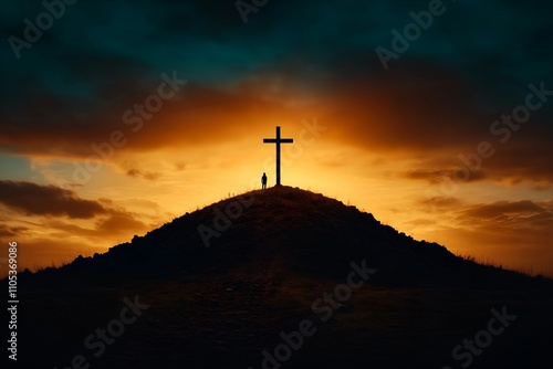 Sunset Silhouette of Person and Cross on Hill