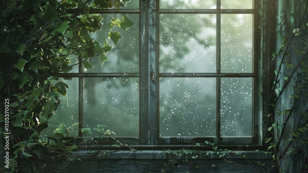Window covered with morning dew Window covered with morning dew