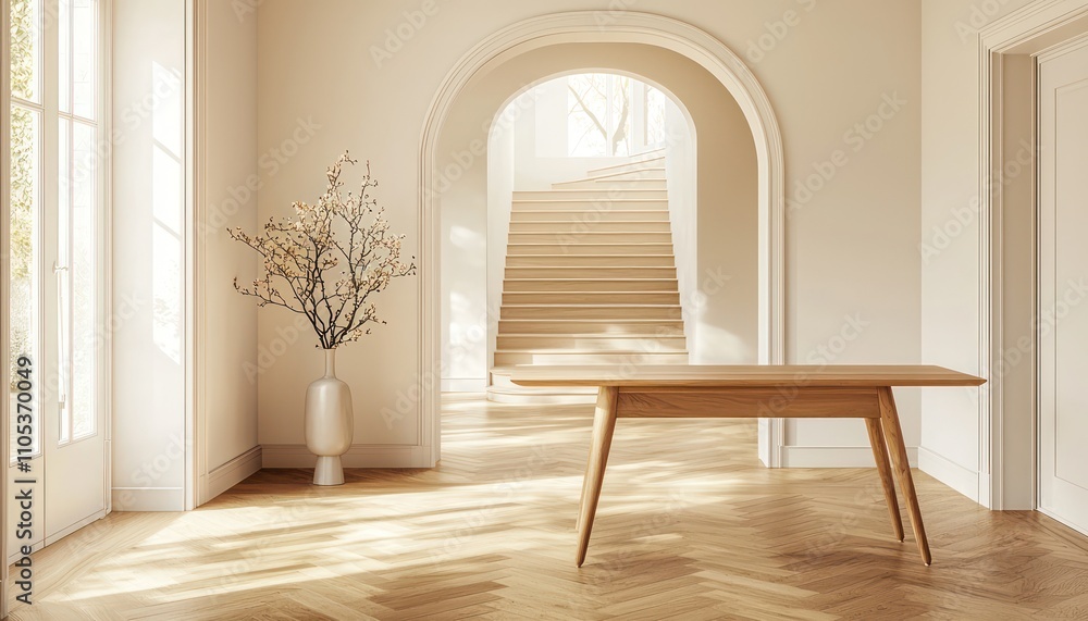 Bright, minimalist entryway with light wood console and natural sunlight. Bright, minimalist entryway with light wood console and natural sunlight.