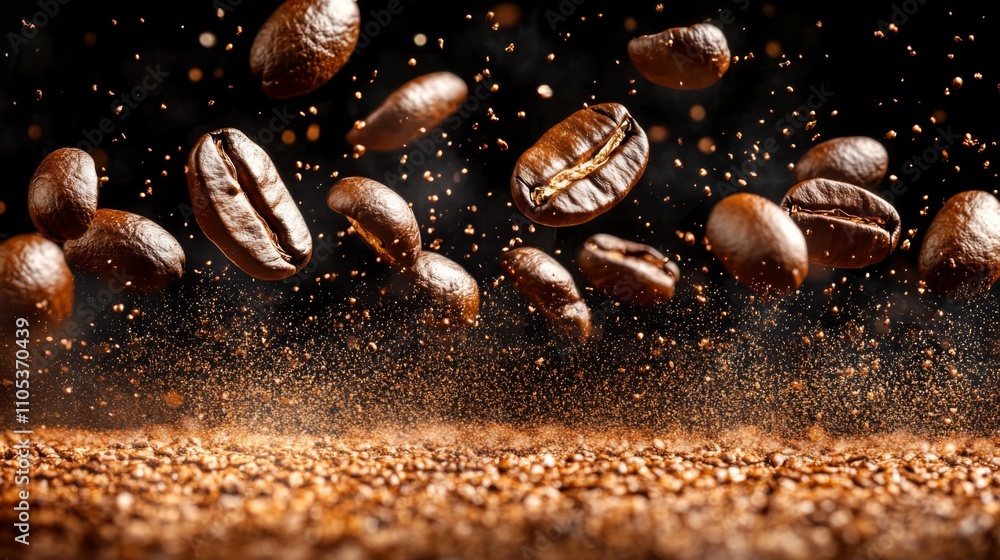 Roasted Coffee Beans Falling on Coffee Grounds with Dust and Smoke Roasted Coffee Beans Falling on Coffee Grounds with Dust and Smoke