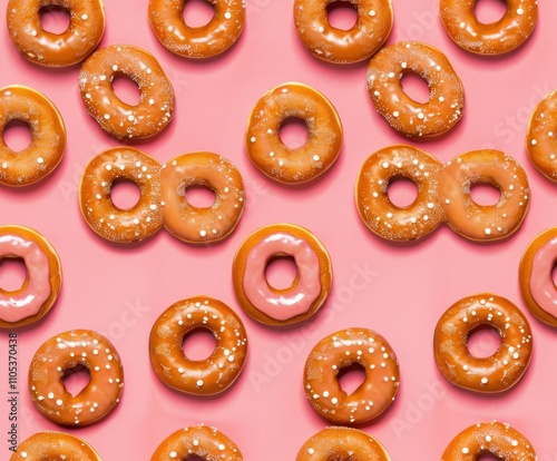 Vibrant pattern of golden donuts topped with glossy pink icing and colorful sprinkles, arranged on a playful pink background, ideal for sweet-themed designs.