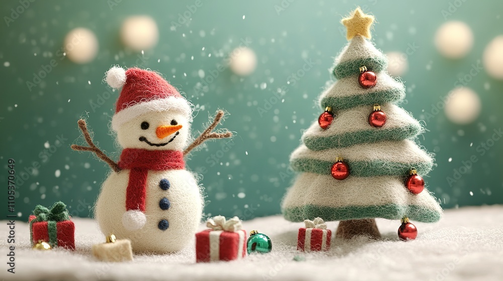 Christmas scene a wool snowman standing next to a felt Christmas tree, felt art style with bright holiday colors, christmas card for greeting Christmas scene a wool snowman standing next to a felt Christmas tree, felt art style with bright holiday colors, christmas card for greeting