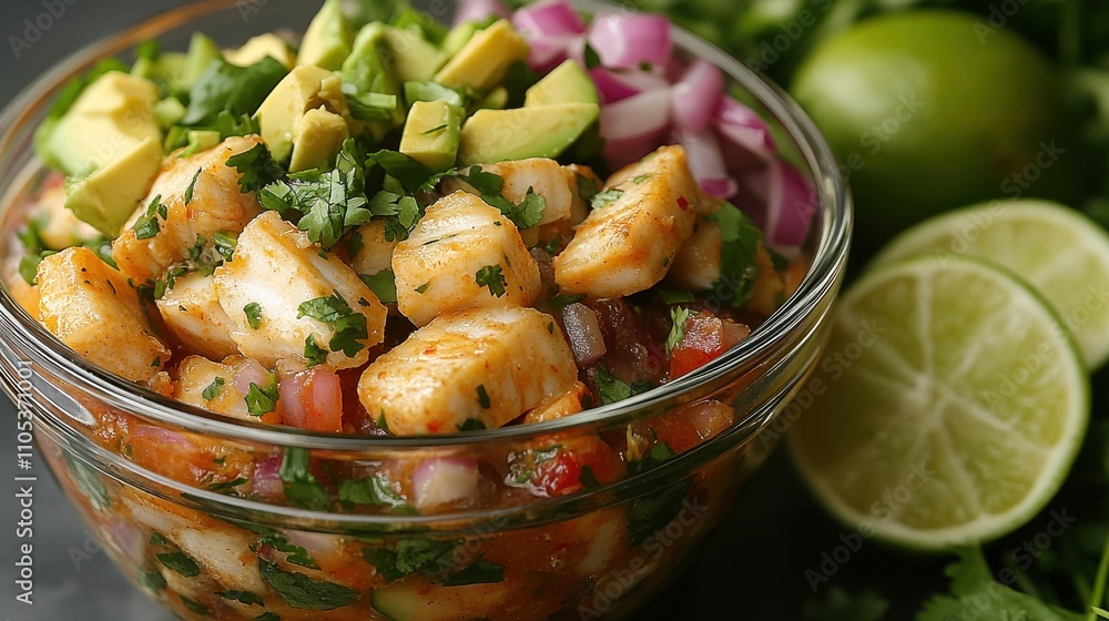 Barramundi ceviche served in a glass bowl with diced avocado, red onion, cilantro, and lime wedges on the side Barramundi ceviche served in a glass bowl with diced avocado, red onion, cilantro, and lime wedges on the side
