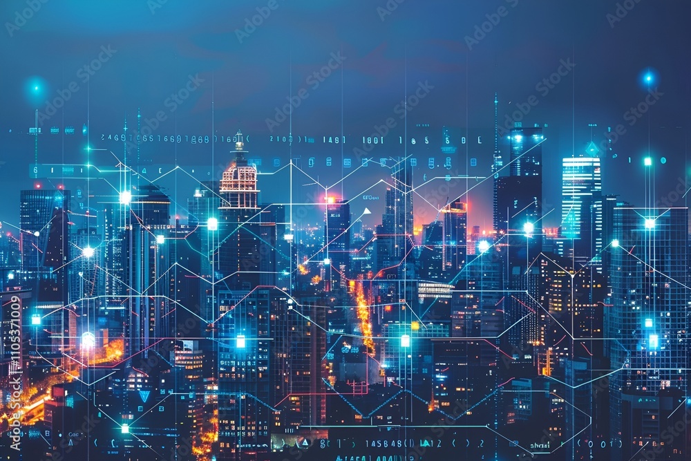 Digital Network Over Cityscape at Night Digital Network Over Cityscape at Night