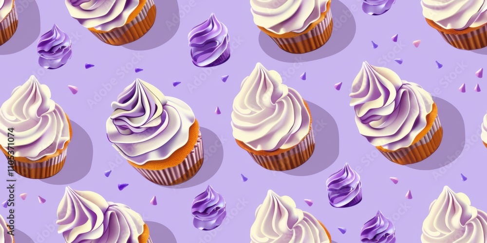 Seamless pattern of purple frosted cupcakes with rich swirls of icing, accented by scattered berry-like decorations, displayed on a vibrant lilac background for dessert-inspired designs. Seamless pattern of purple frosted cupcakes with rich swirls of icing, accented by scattered berry-like decorations, displayed on a vibrant lilac background for dessert-inspired designs.