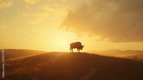 A silhouette of a buffalo against a golden sunset on a grassy hill.