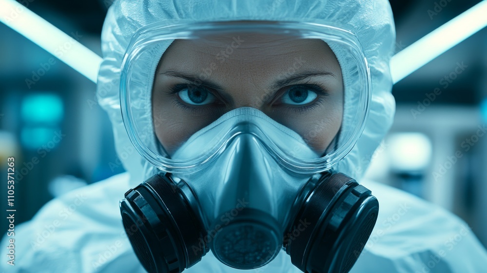 A Figure in a White Hazmat Suit and Gas Mask.Concept of Biohazard,pandemic,environmental hazard,nuclear disaster,science,emergency services,post-apocalyptic or sci-fi genres. A Figure in a White Hazmat Suit and Gas Mask.Concept of Biohazard,pandemic,environmental hazard,nuclear disaster,science,emergency services,post-apocalyptic or sci-fi genres.