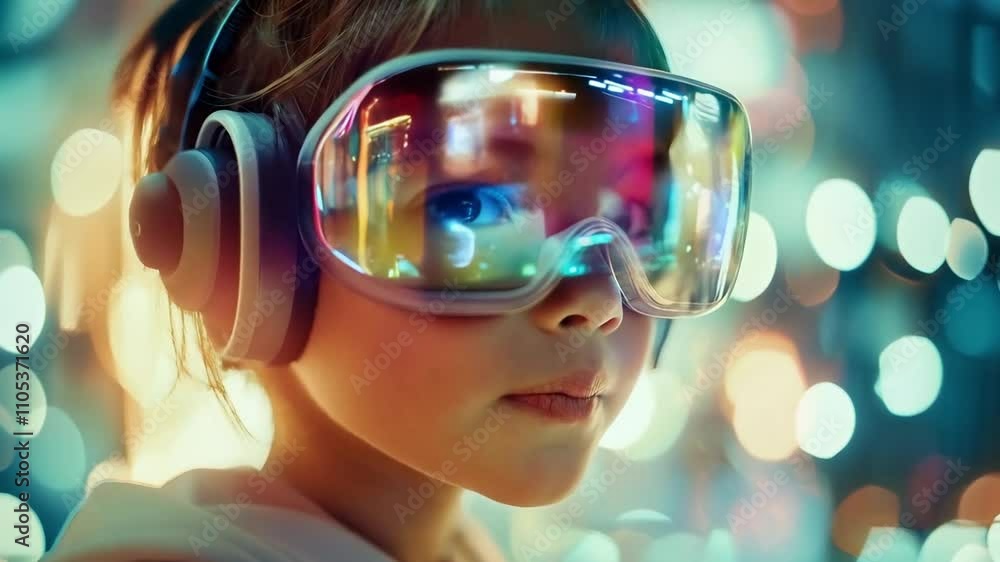 A Little Girl Immersed in Futuristic Gaming Surrounded by Realistic Holographic Game Displays A Little Girl Immersed in Futuristic Gaming Surrounded by Realistic Holographic Game Displays