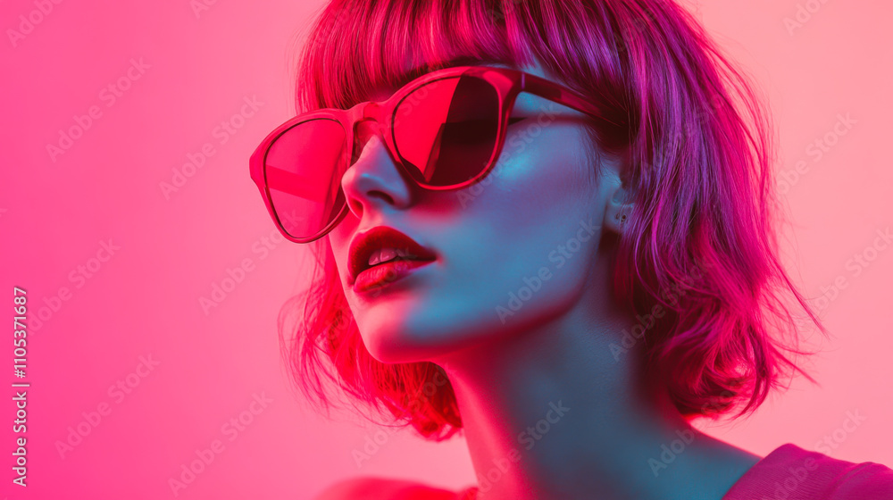 Fototapeta premium A young woman with short hair poses confidently in stylish sunglasses against a vibrant pink and blue gradient background