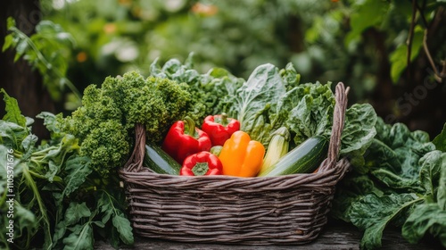 A basket of farm-fresh produce filled with vibrant vegetables, with a lush green background symbolizing freshness photo