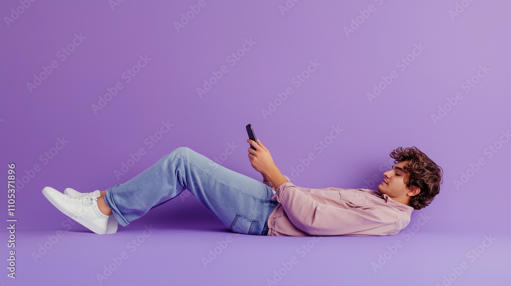 Professional shot of college student lying on stomach using smartphone, casual pose on invisible surface, shot from side view, solid lavender background. Professional shot of college student lying on stomach using smartphone, casual pose on invisible surface, shot from side view, solid lavender background.